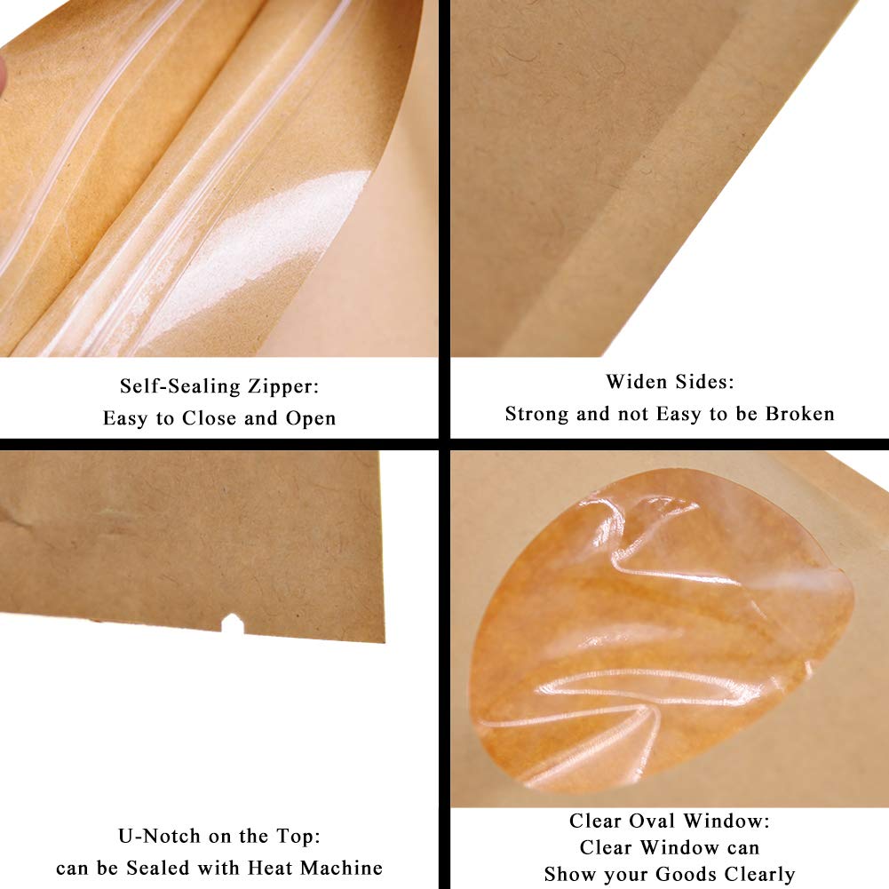 SumDirect Kraft Paper Bags Zip Lock Stand-up Reusable Sealing Food Pouches with Transparent Window and Tear Notch for Storing,Cookie,Dried