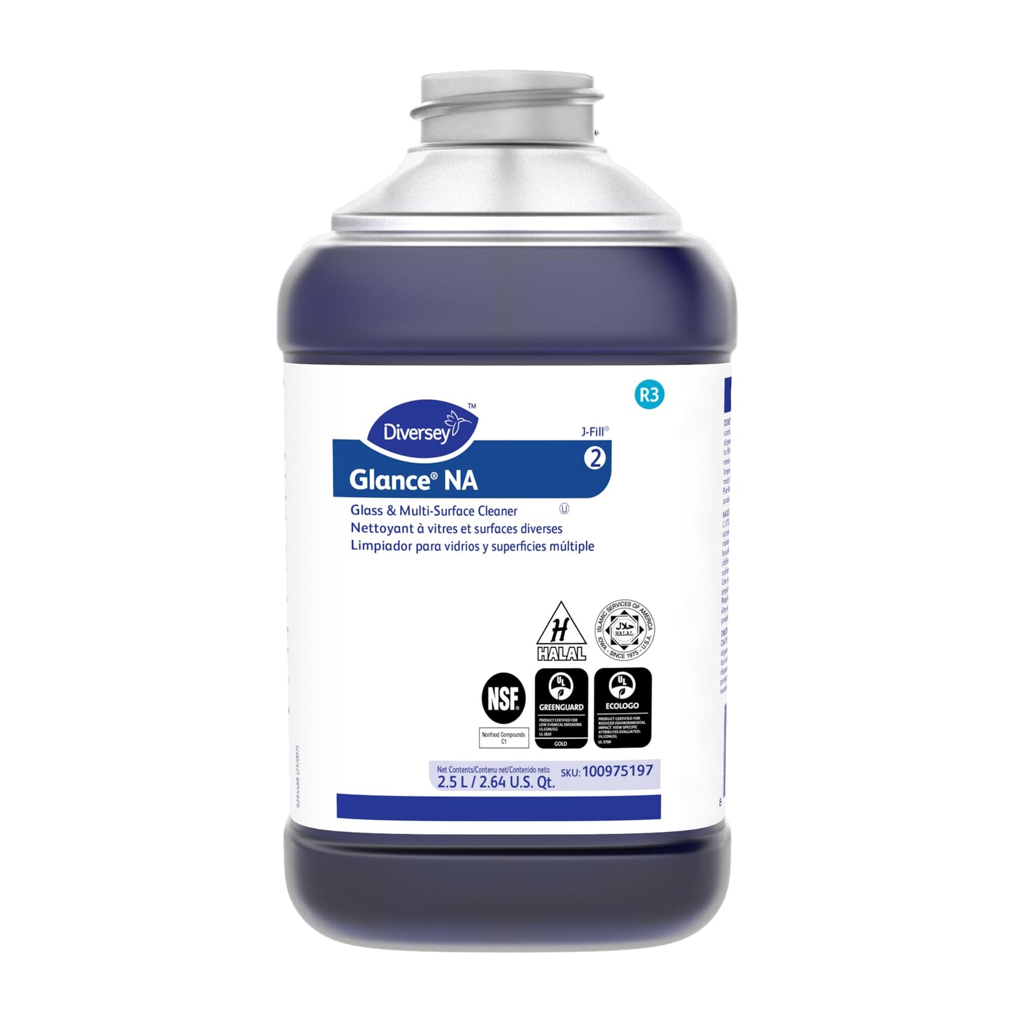 Diversey 100975197 Glance NA Glass and Multi Surface Cleaner, Non Ammoniated Streak Free Cleaner, JFill Concentrate, Unscented, 2.5 Liter