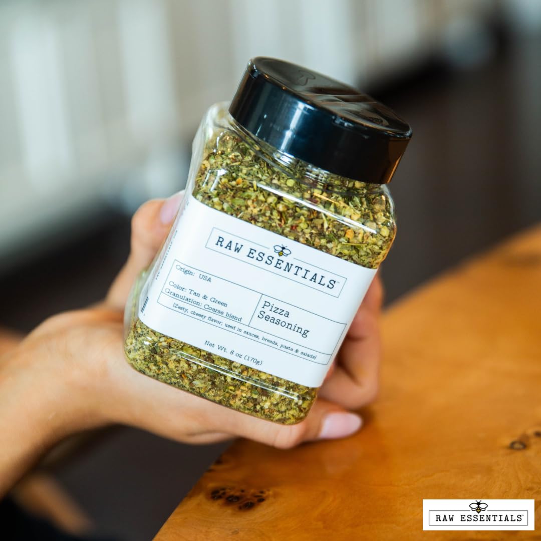 Raw Essentials Pizza Seasoning - Italian Seasoning - Cheesy Herb Blend - Great on Pizza, Pasta and Italian Delights - 6 oz