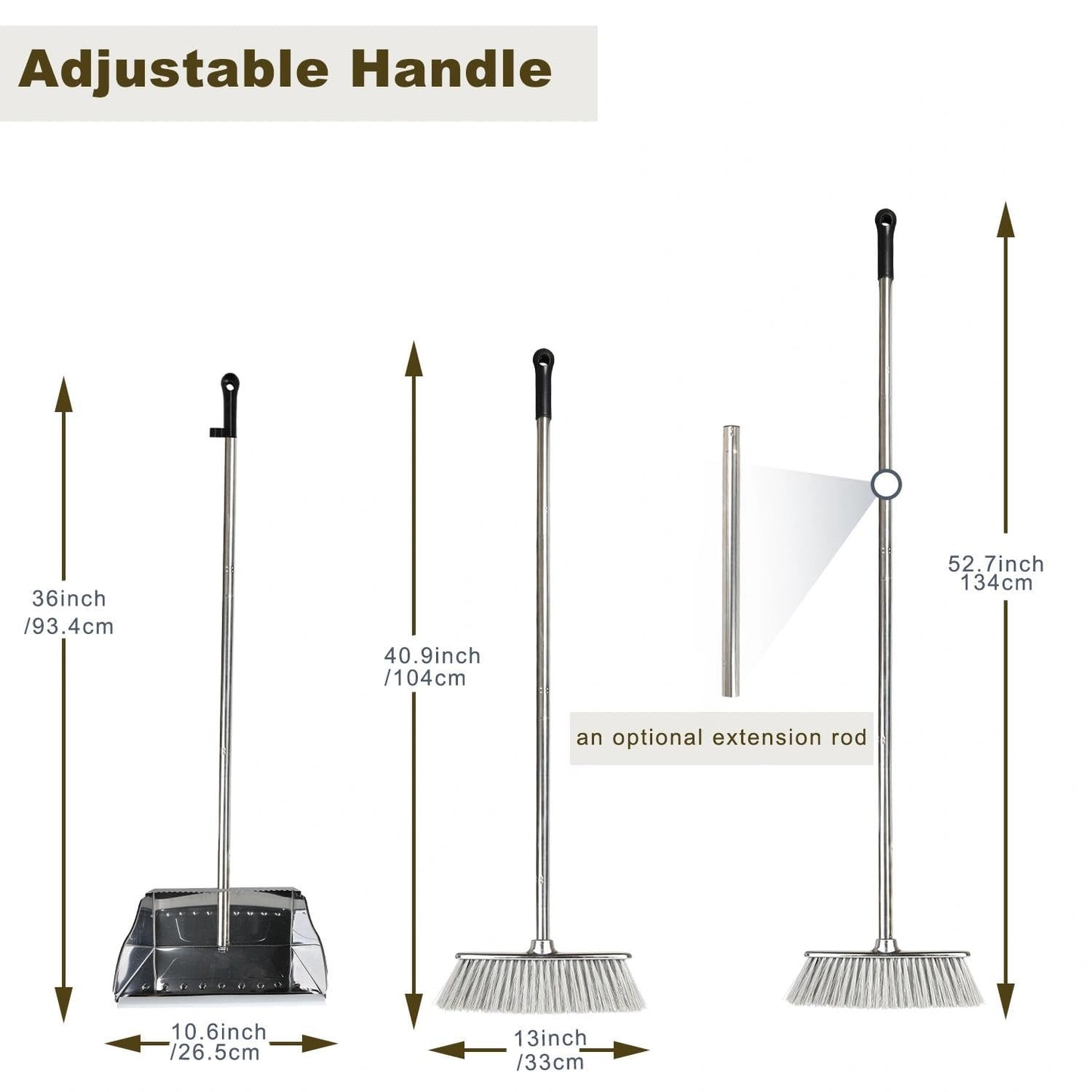 Metal Dustpan with Broom Set, Long Handle Stainless Steel Dustpan,Heavy Duty Standing Dust Pan with Teeth, Indoor Outdoor Up for Home Kitchen Lobby