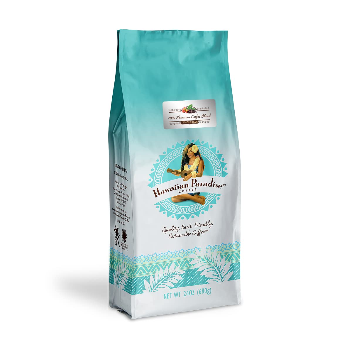 Hawaiian Paradise Coffee 10% Hawaiian Roast Coffee Whole Bean 24oz. Bag - Premium Rich Signature Brewed - 100% Arabica Gourmet Finest Beans