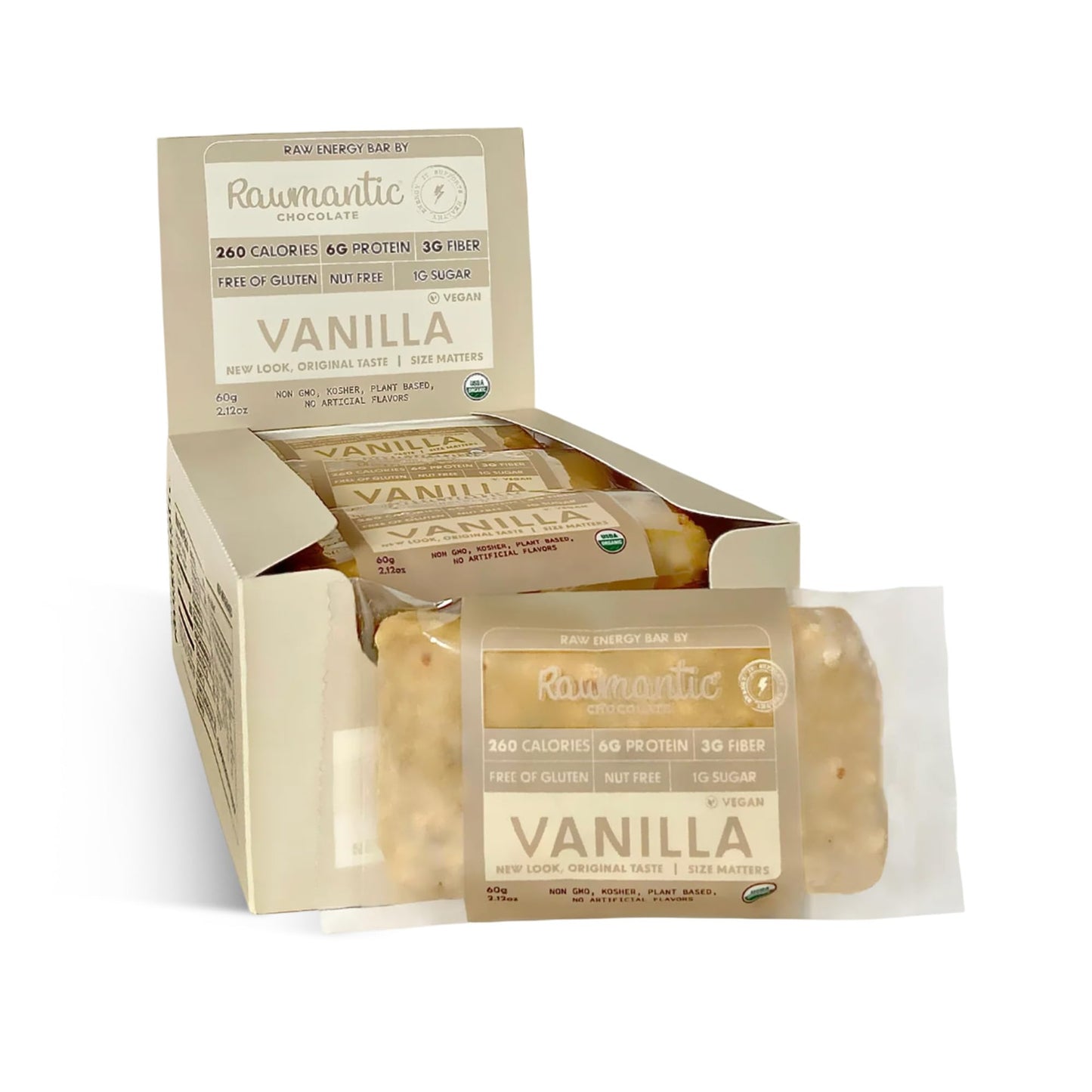 Rawmantic Fitness Vanilla Energy Bar (12 Bars x 60g) - Organic Coconut Milk & Vanilla Protein, Puffed Quinoa, Sorghum, Millet & Buckwheat - No