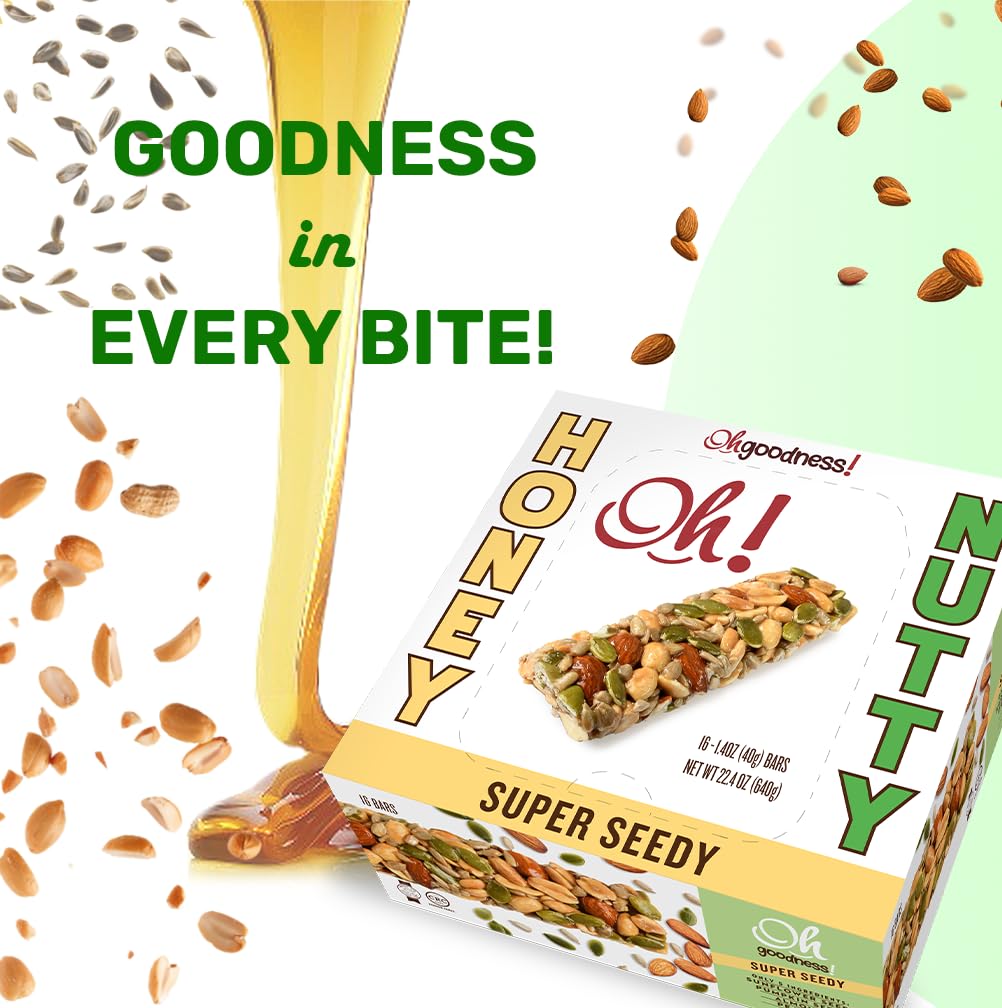 Oh Goodness! Honey Nutty-Nut Bars 16 Pack. All Natural, No Preservatives, No Artificial Flavors, Non GMO, Kosher, Honey Sweetened