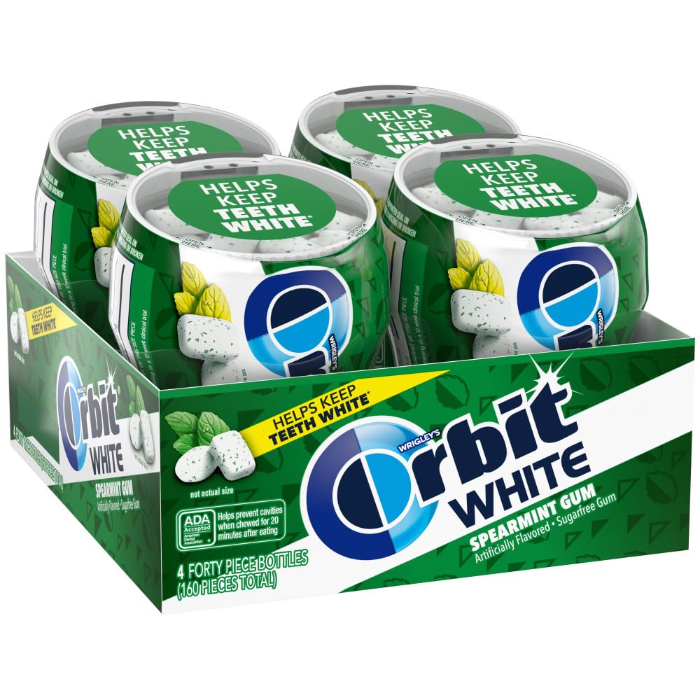 ORBIT WHITE Spearmint Sugar Free Mint Sugarless Fresh Breath Chewing Gum, 40 Piece Resealable Bottle (Pack of 4)