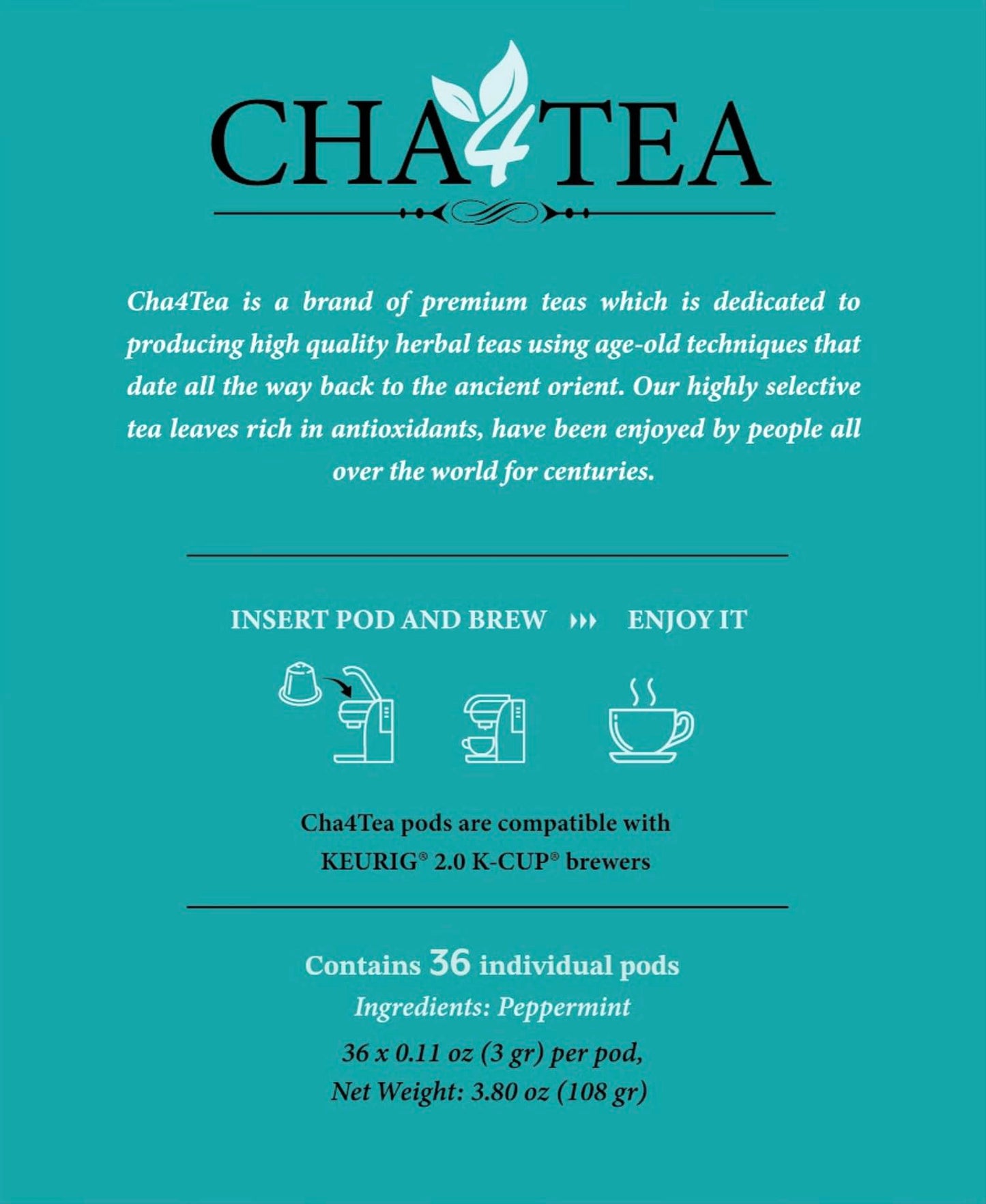 Cha4TEA 36-Count Peppermint Herbal Tea Pods Compatible with Keurig Brewers
