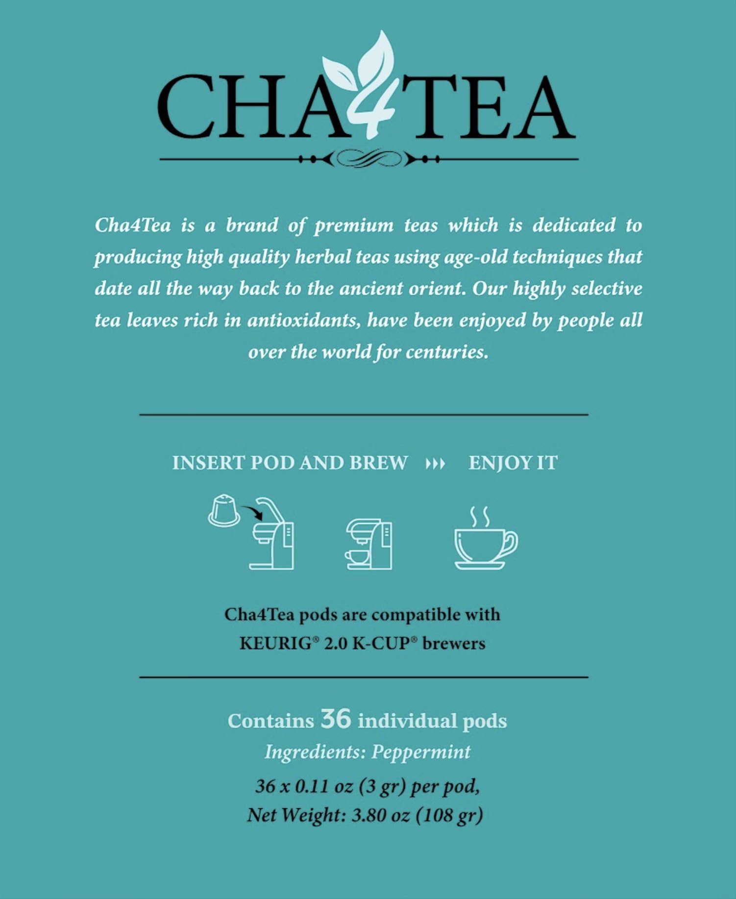 Cha4TEA 36-Count Peppermint Herbal Tea Pods Compatible with Keurig Brewers