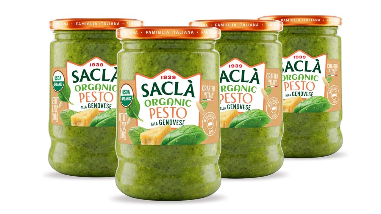SACLA Organic Basil Pesto alla Genovese 4-Pack | USDA-Certified Organic Pesto Sauce made from Fresh Italian Basil & Cashews | FOUR 6.7 oz Glass Jars |