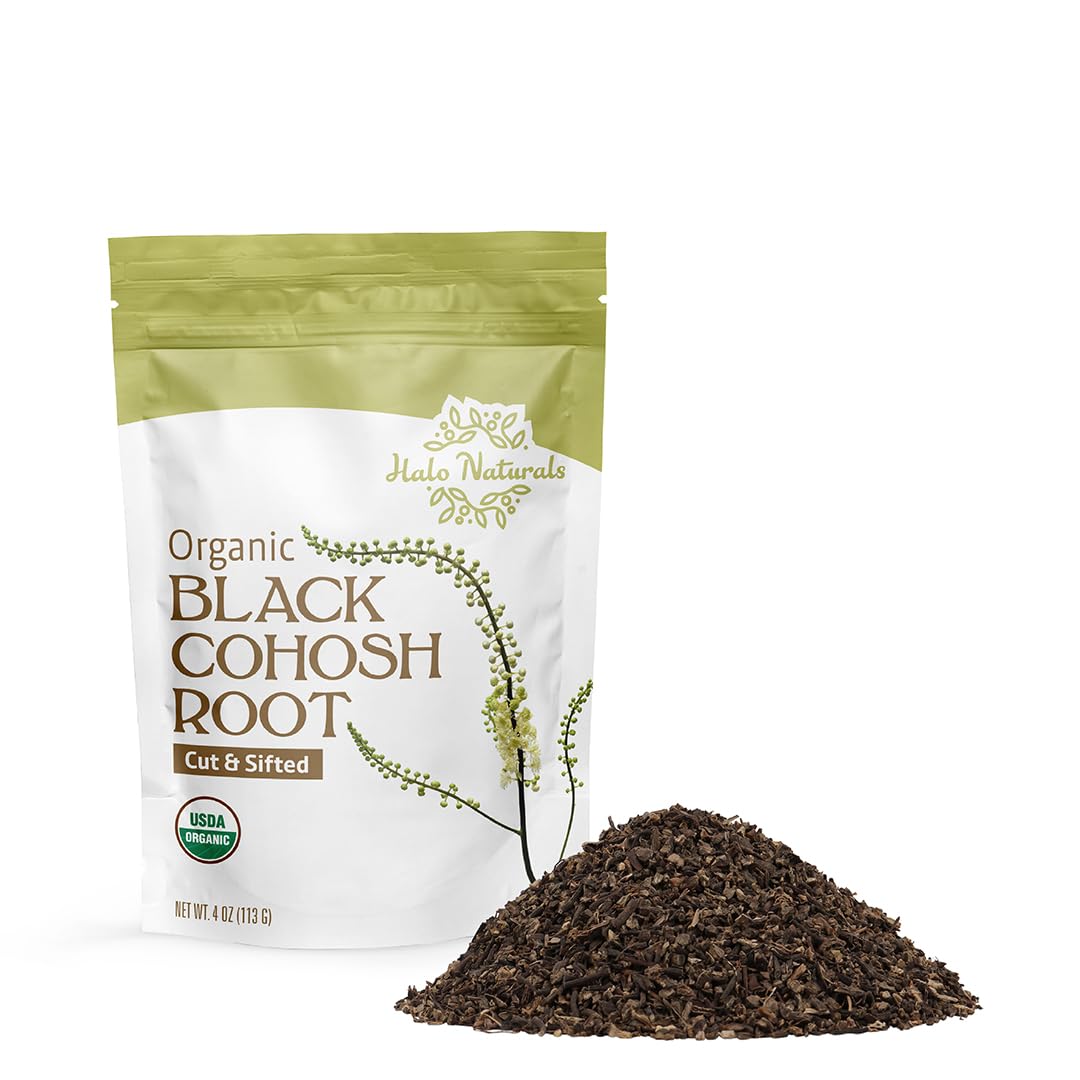 Halo Naturals Organic Black Cohosh Root Cut & Sifted, 4 Ounces (Cimicifuga racemosa) USDA Certified | Resealable Pouch| Packaged in The USA