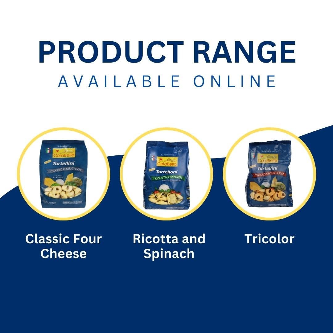 Corabella Four Cheese Tortellini Pasta, Non GMO | Classic Four Pure Cheese | No Preservatives - Premium Ingredients Italian Flavor - Made In Italy