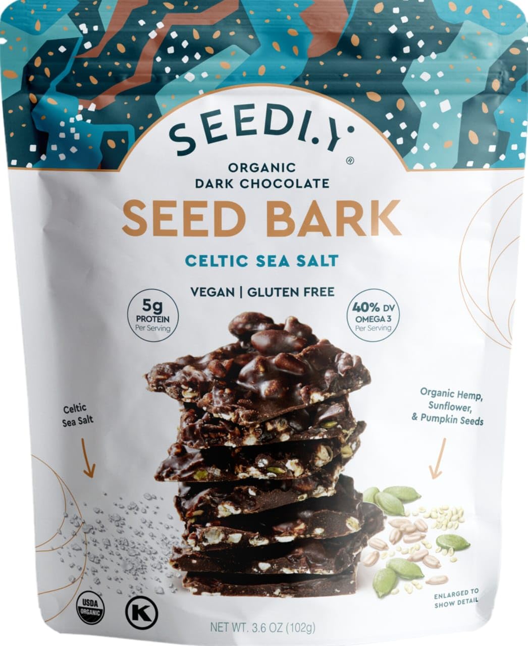 Seedly, Bark Seed Dark Chocolate Celtic Sea Salt Organic, 3.6 Ounce