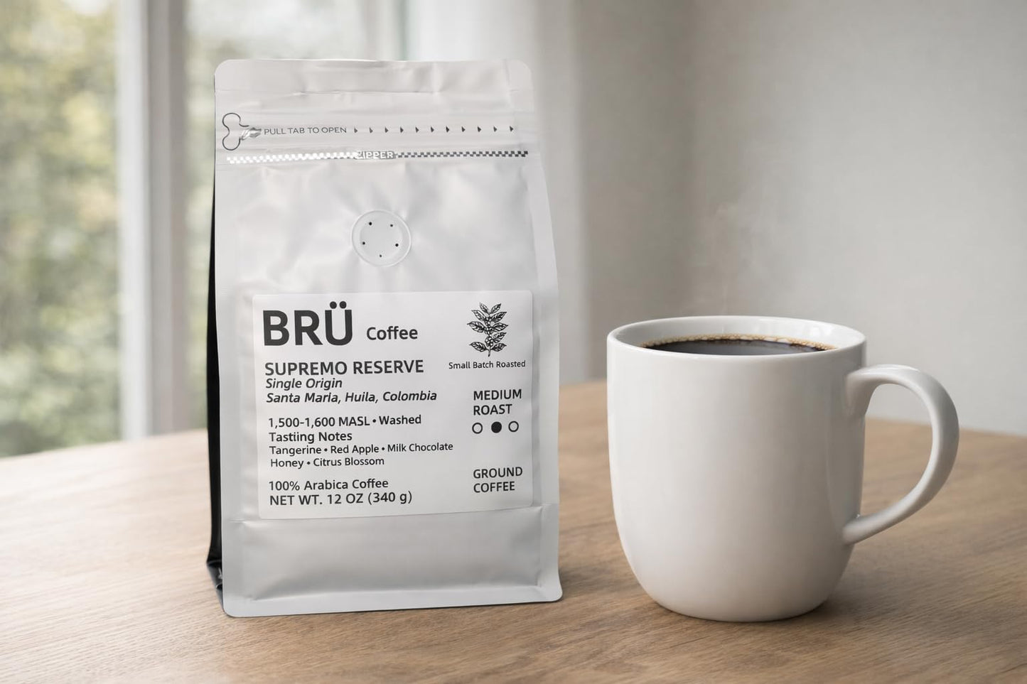 BRÜ Coffee Colombian Ground Coffee - Medium Roast - Single Origin - Huila High Elevation - 100% Arabica - Washed