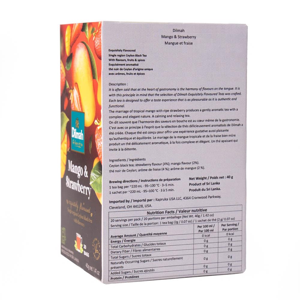 Dilmah Mango and Strawberry Flavored Ceylon Black Tea - 20 Tea Bags - Sri Lanka Ceylon Dilmah Mango Strawberry Tea Real Tea