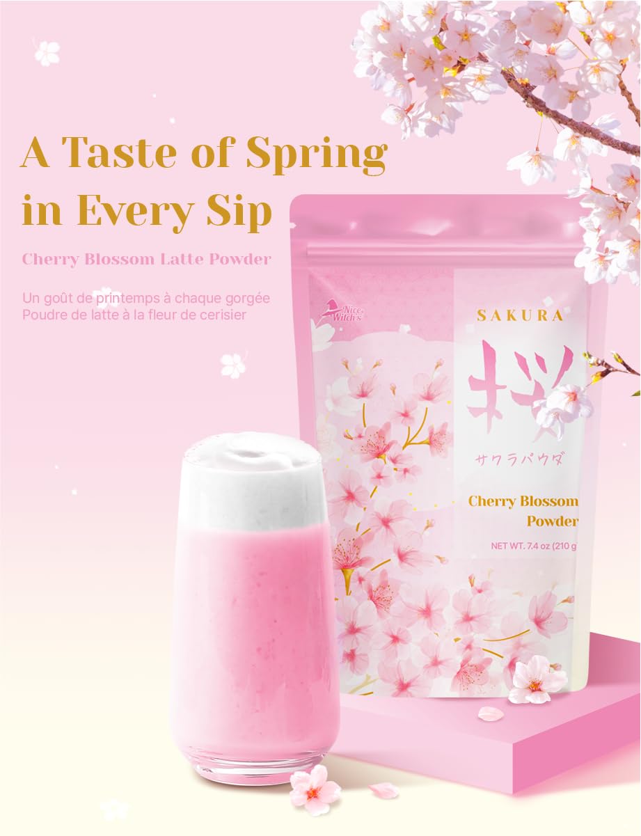 NICE WITCH'S Original Sakura Cherry Blossom Powder - Creamy & Aromatic Foam | Powder for Lattes and Baking | 7.4 oz (210 g) | No Additives