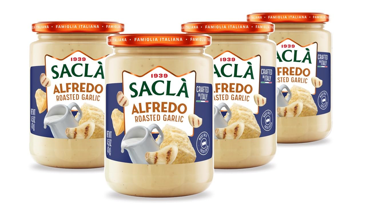 SACLA Alfredo Sauce with Roasted Garlic 4-Pack | Creamy Italian White Pasta Sauce with Cheese, Butter & Slow-Roasted Garlic | FOUR 14.5 oz Glass Jars