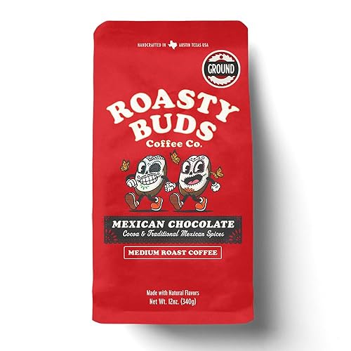 Roasty Buds Mexican Chocolate Coffee Grounds | Café Mexicano 100% Arabica Coffee, Natural Cinnamon Flavors (12 oz) | Gluten-Free, Non-GMO, No Sugar |