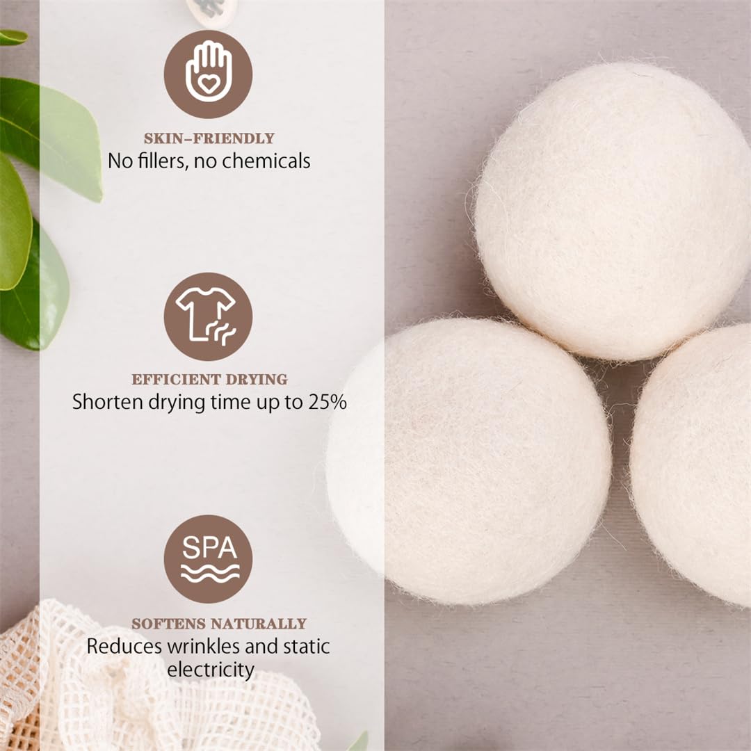Wool Dryer Balls XL 6 Pack Pure Organic Wool Premium Reusable Fabric Softener New Zealand Sheep Wool Ball for Dryer Natural Fabric Softener Saves