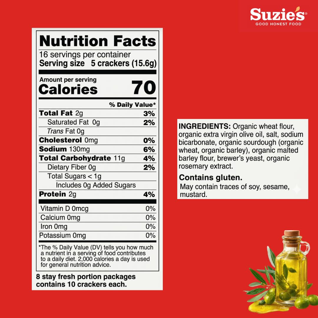 Suzie's Organic Saltines Crackers|Salted w/Extra Virgin Olive Oil|Low Saturated Fat|Healthy Gourmet Baked Vegan Snack for Adults & Children| 6 Packs