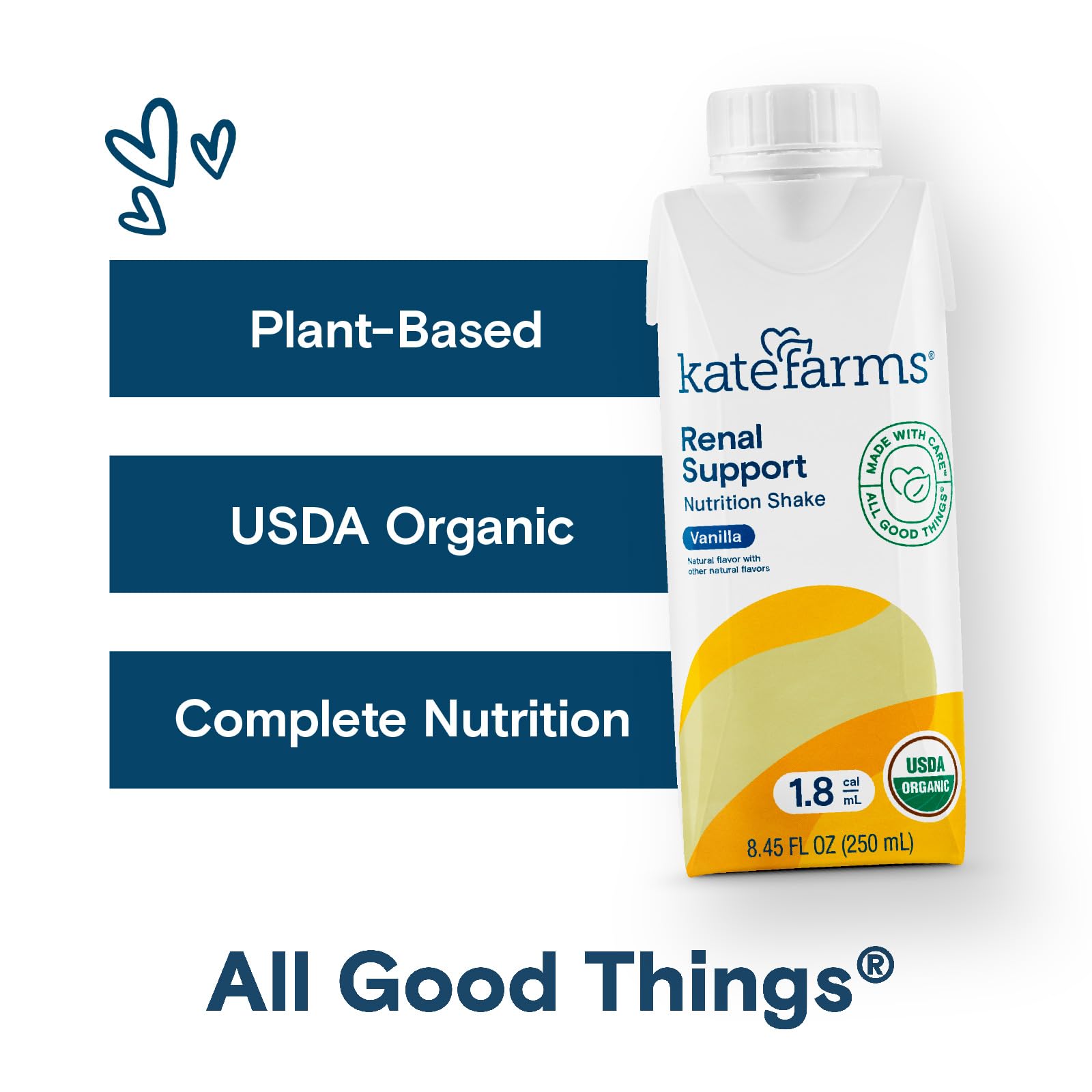 KATE FARMS Organic 1.8 Renal Support Shake, Vanilla, 20g Protein, 27 Vitamins and Minerals, Specialized Dialysis Nutrition Support, 8.45 oz (6 Pack)