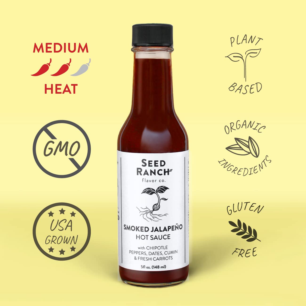Seed Ranch Gourmet Smoked Jalapeno Hot Sauce, 5 Fl Oz - Medium Heat - Chipotle Pepper, Dates, Cumin & Carrots - Vegan, Non-GMO - Tacos, Burritos
