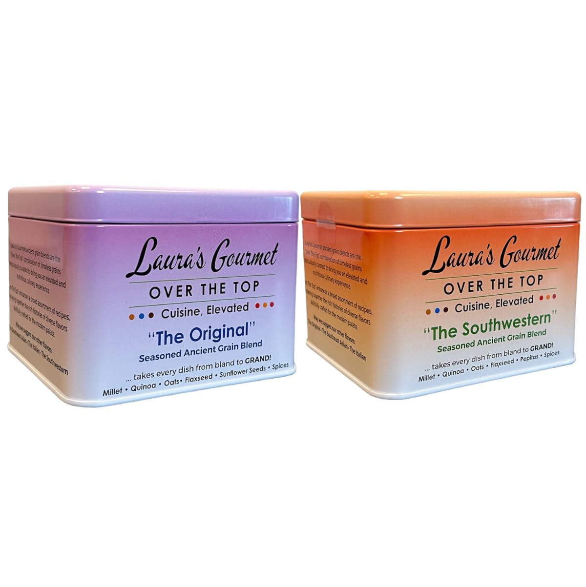 Laura’s Gourmet, Over The Top Savory Seasoned Ancient Grain Blends, "the Original" and “The Southwestern,” Combo 10 oz. Tins, 2 Pack, All-Natural