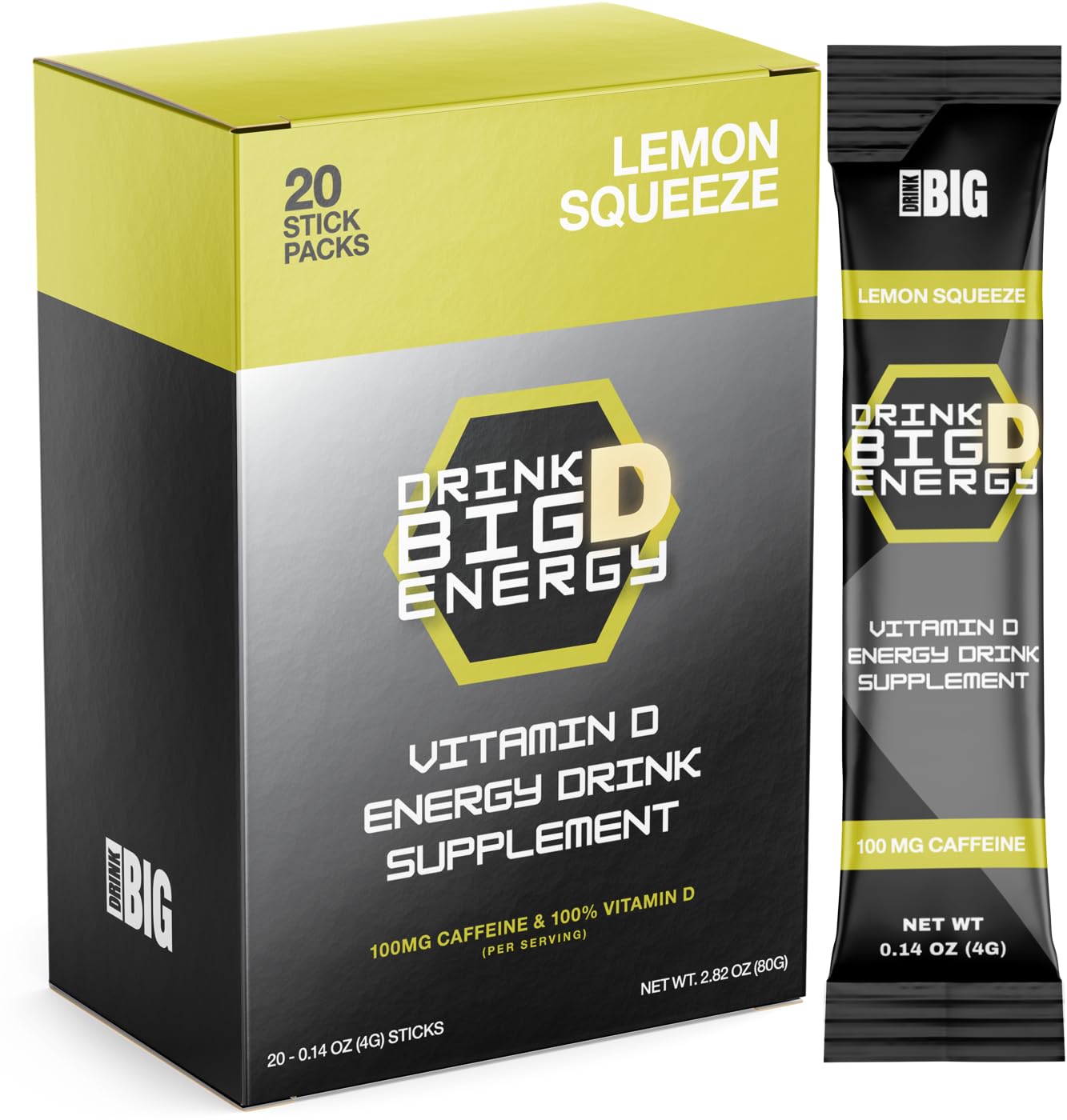 Drink Big D Energy Lemon Squeeze Vitamin D Drink Mix, 100mg Caffeine, 20 Stick Packs