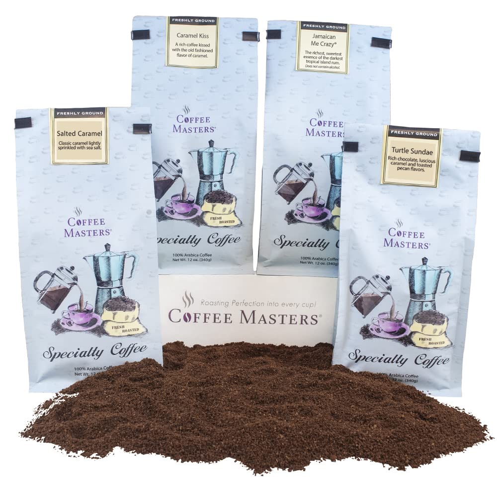 Coffee Masters Ground Coffee Sampler, Caramel Kiss, Jamaican Me Crazy, Turtle Sundae and Salted Caramel, 48 Ounce