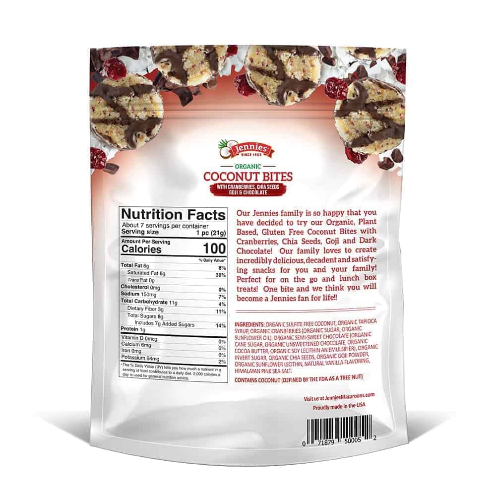 Jennies Organic Coconut Bites with Goji & Chia, 5.25oz Gluten Free, Non-GMO, Peanut Free, Kosher (6 Packs)