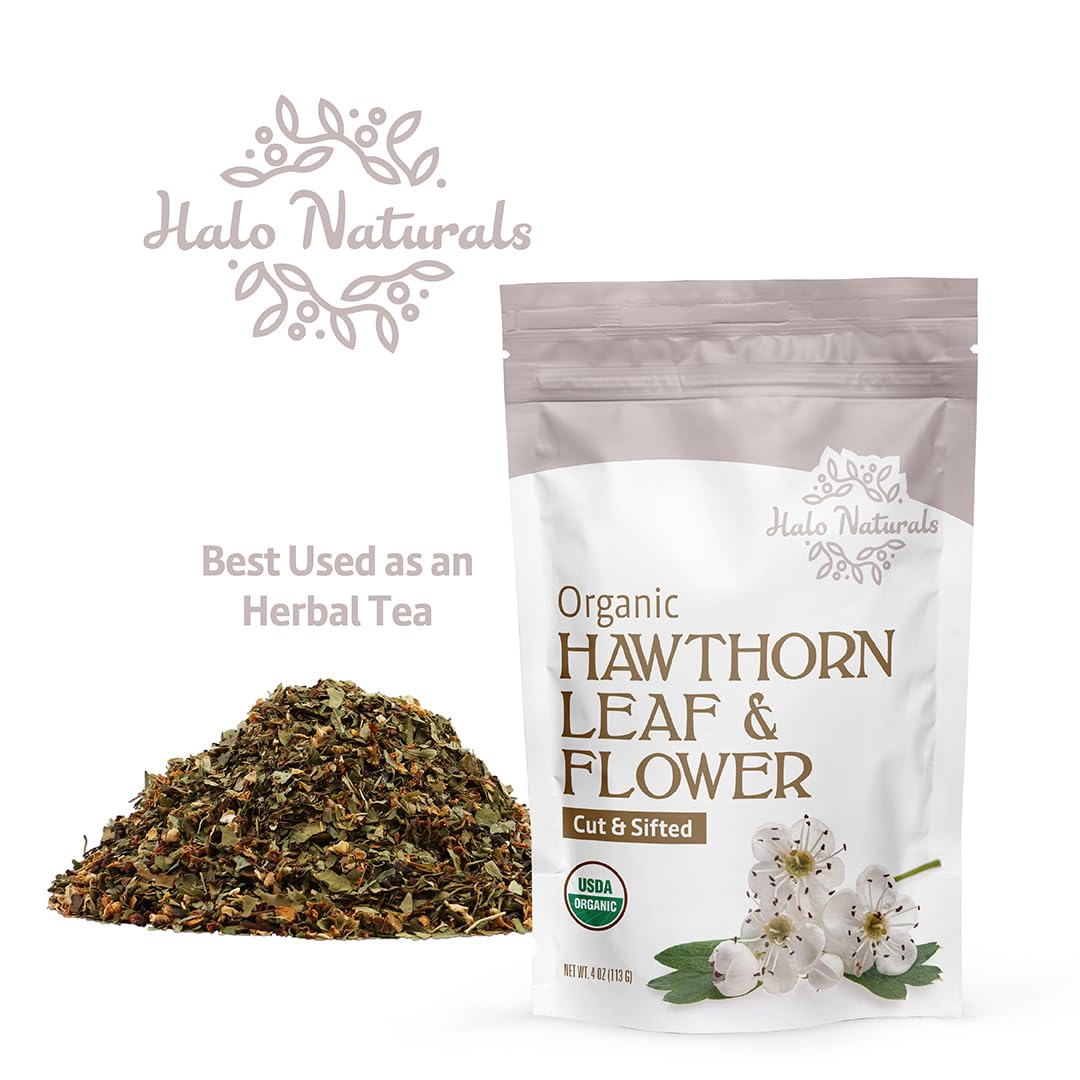 Halo Naturals Organic Hawthorn Leaf & Flower Cut & Sifted, 4 Ounces (Crataegus monogyna) Espino Blanco USDA Certified | Resealable Pouch| Packaged in