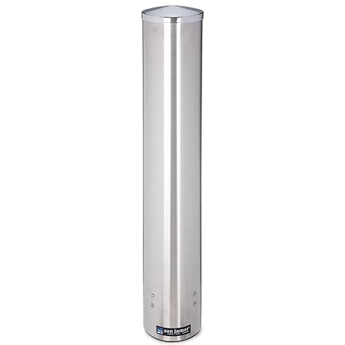 San Jamar 23.5" Pull Type Cup Dispenser - Stainless Steel 12 to 24 Oz Cup Holder with Flip Cap for Restaurants, Dining Halls, Fast Food Beverage