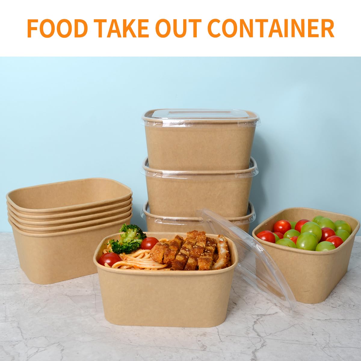 Celel 50 Pack 35 oz Paper Food Containers with Lids, Paper Meal Prep Containers Microwavable and Freezer Use Cardboard Food Concertinas - 50 Bowls 50