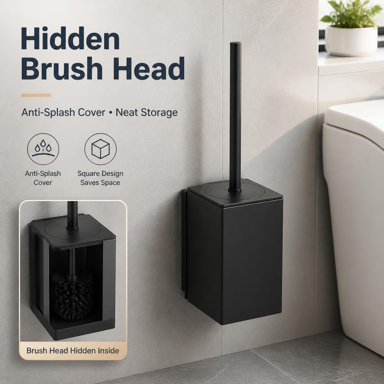 Toilet Brush Holder Black, Toilet Bowl Brush Holder Black Wall Mount Square for Bathroom
