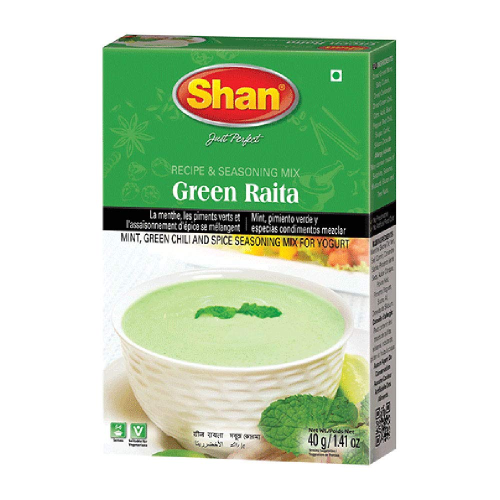 Shan Green Raita Recipe and Seasoning Mix 1.41 oz (40g) - Mint, Green Chili and Spice Seasoning Powder for Yogurt - Suitable for Vegetarians