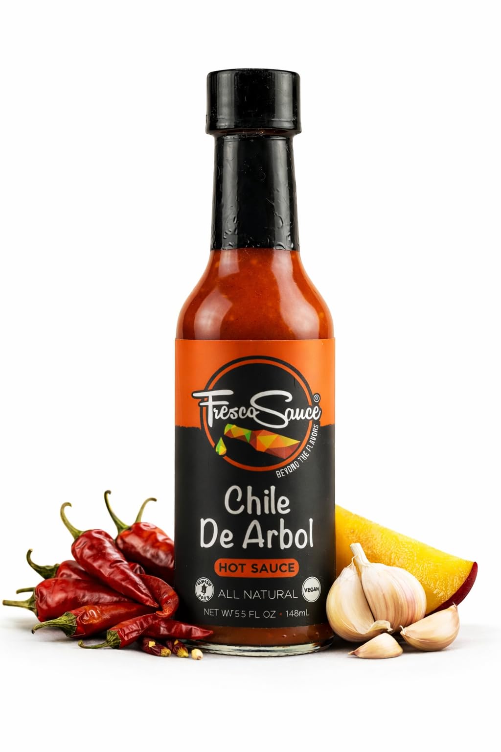 Chile De Arbol Hot Sauce by Fresco Sauce- Arbol Chilies - Mango - Flavorful - All Natural- Vegan - Gluten Free - 5 fl oz