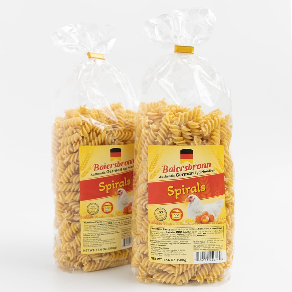 BAIERSBRONN Spirals Egg Noodles 2.2lb(2x1.1lb) - Restaurant-Quality Texture from Germany, Kosher, Made with 100% Pure Durum Semolina & Fresh Eggs