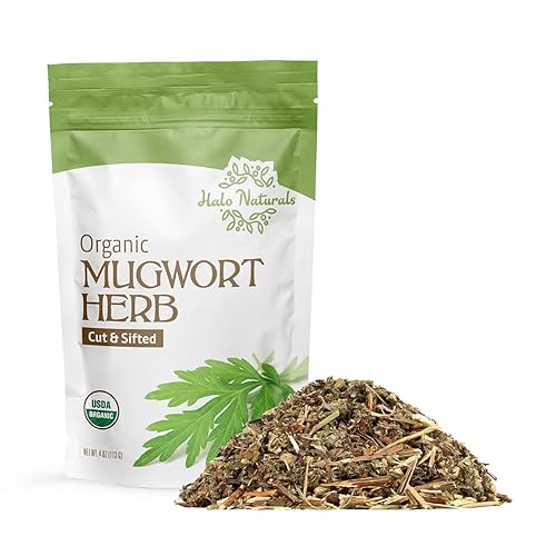 Halo Naturals Organic Mugwort Herb Cut & Sifted, 4 Ounces (Artemisia vulgaris) USDA Certified | Resealable Pouch| Packaged in The USA (Pack of 1)