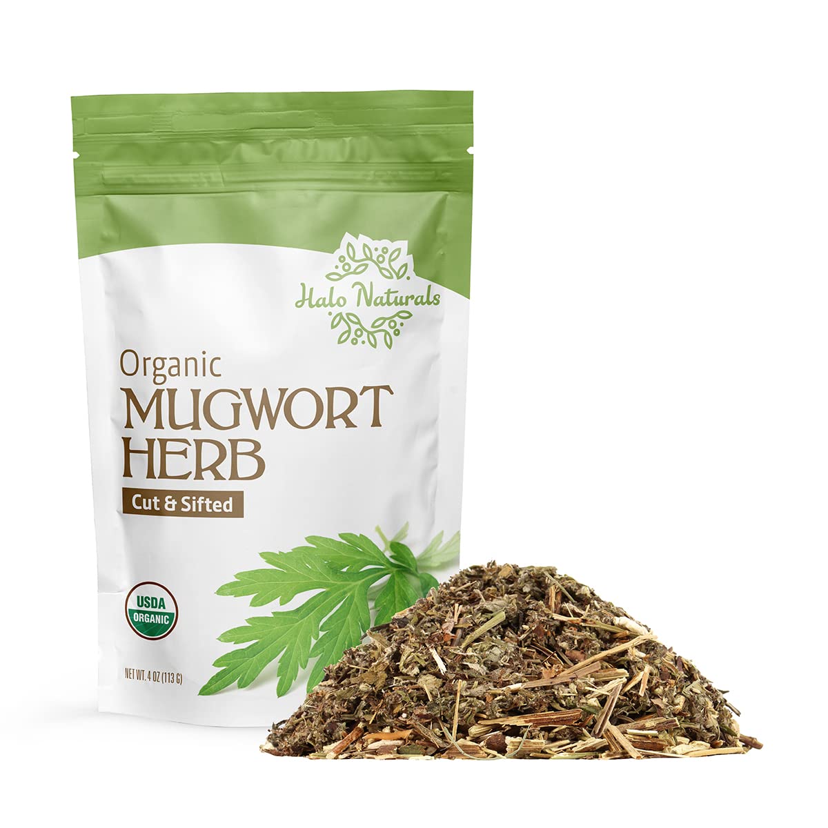 Halo Naturals Organic Mugwort Herb Cut & Sifted, 4 Ounces (Artemisia vulgaris) USDA Certified | Resealable Pouch| Packaged in The USA (Pack of 1)