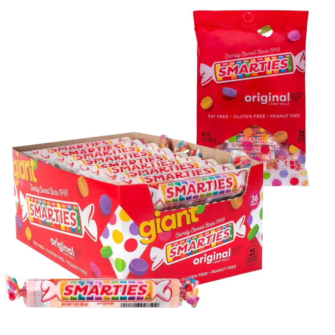 Smarties Candy Variety Pack - Giant Rolls Box (34 oz, 36 Rolls) + 5 oz Peg Bag - Gluten Free & Vegan Candy, Peanut Free & Dairy Free - Classic