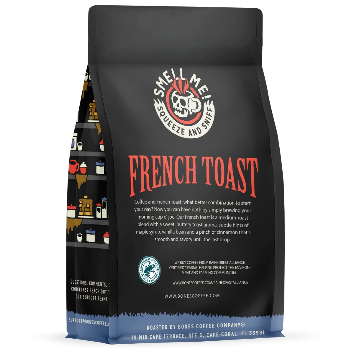 Bones Coffee Company French Toast, Sweet and Buttery Flavored Flavored Coffee, Medium Roast Low Acid Arabica Beans Compatible with Auto drip