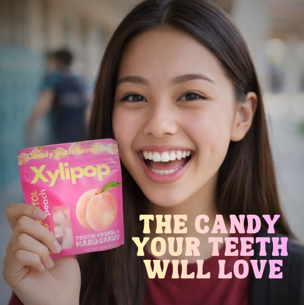 Xylipop Peach - Tooth-Friendly Xylitol Candy | Made with 3 Organic Ingredients | Sugar-Free & Vegan | Cavity-Safe Treat for Kids & Adults | 1.94 oz