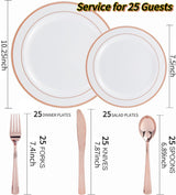 WDF-125PCS Rose Gold Plastic Silverware&Disposable Plastic Plates - Disposable Plates include 25 Dinner Plate,25 Salad Plate,25 Forks, 25 Knives, 25