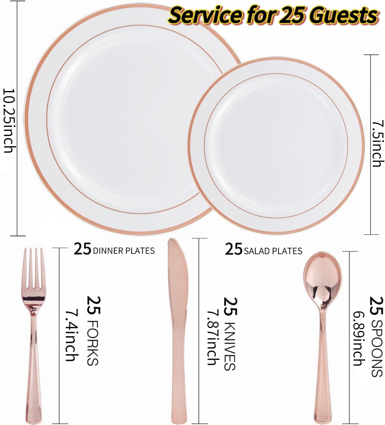 WDF-125PCS Rose Gold Plastic Silverware&Disposable Plastic Plates - Disposable Plates include 25 Dinner Plate,25 Salad Plate,25 Forks, 25 Knives, 25