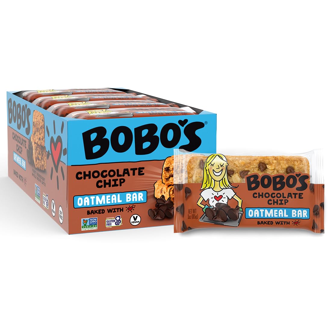Bobo's Chocolate Chip Oat Bars, Simple Ingredients, Whole Grain Oats, Plant Based, Gluten Free Breakfast Bars, Non-GMO, Healthy Snacks for Adults