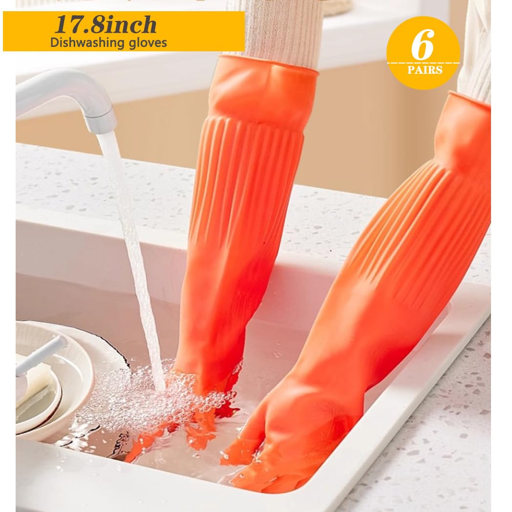 Vsootal 17.8" 6 Pairs Reusable Long Household Cleaning Gloves,Rubber Kitchen Dishwashing Gloves,Thickening,Long Sleeves, for Washing Dishes, Pet