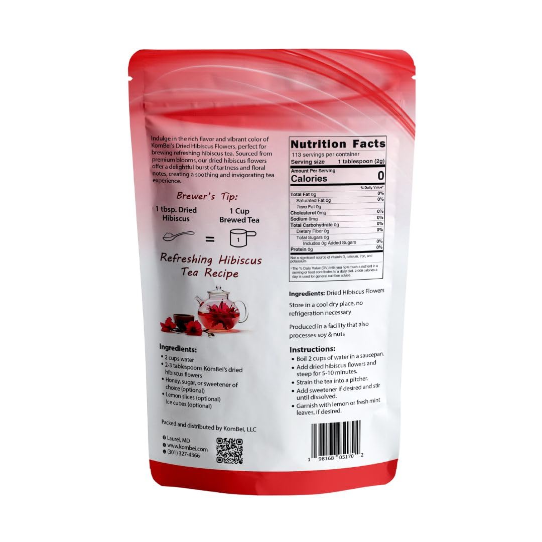 KomBei Whole Dried Hibiscus Flowers Loose Leaf Tea - Flor de Jamaica Natural (8oz) | Hibiscus Sabdariffa Whole Flowers & Petals | Dried Hibiscus Tea |