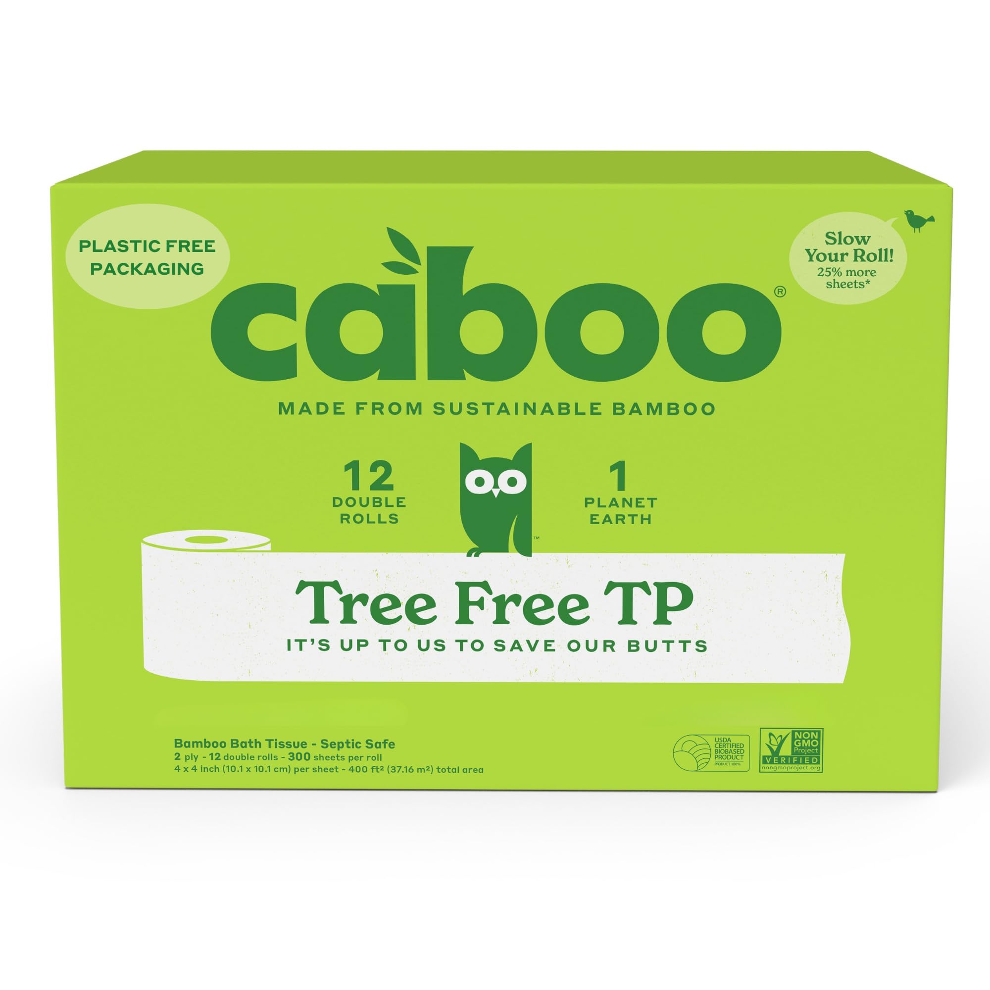 Caboo Tree Free Toilet Paper, Septic Safe Toilet Tissue, Plastic Free, Non Toxic, Chemical Free, 2 Ply Bathroom Toilet Paper | Pack of 12 Double