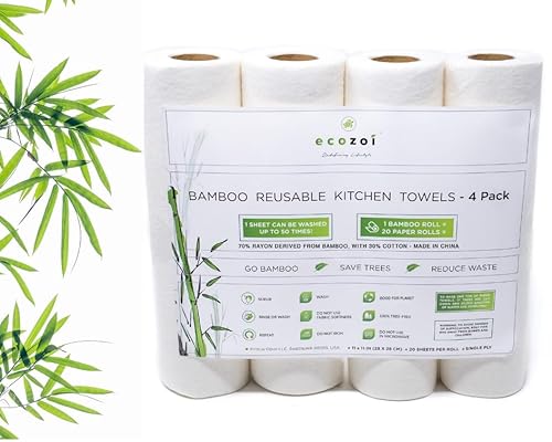ecozoi Reusable Bamboo Paper Towels - 4 Pack | Rayon derived from Bamboo |Equivalent to 80 Regular Rolls | Sustainable Eco Friendly Kitchen Paper