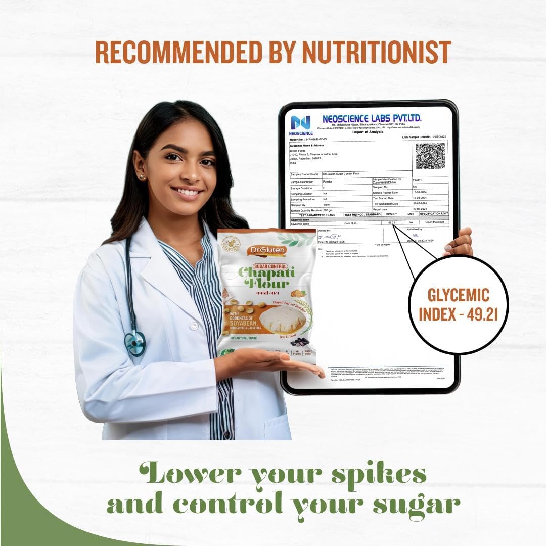 Dr. Gluten Sugar Control Flour - Low GI <55 Multigrain Gluten-Free Atta | High Fiber, Low Carb | Dietitian Recommended | With Millets, Seeds