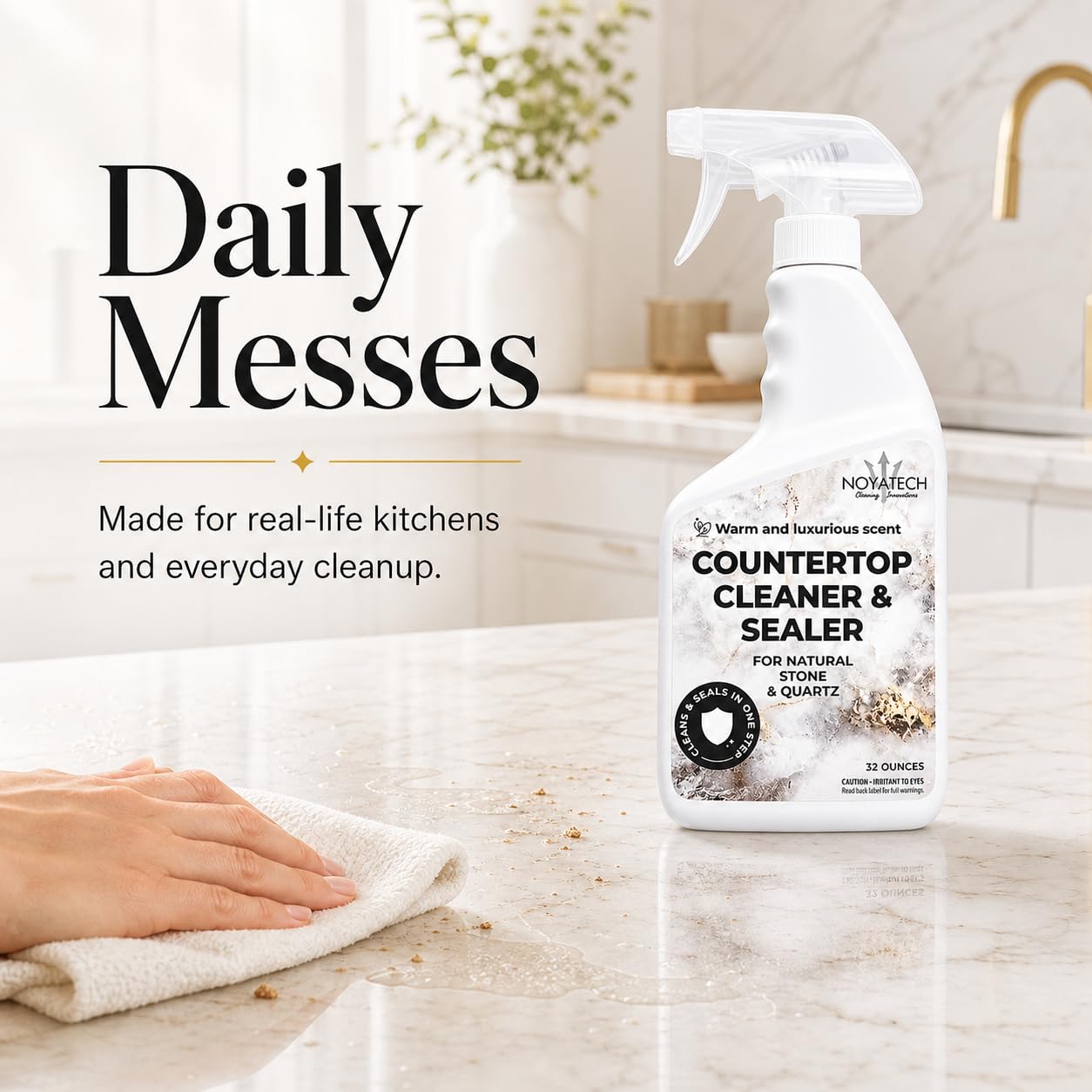 NOYATECH Countertop Cleaner & Sealer - Streak-Free Spray for Granite, Marble & Quartz | Cleans & Protects in One Step | USDA BioBased, Non-Toxic, No