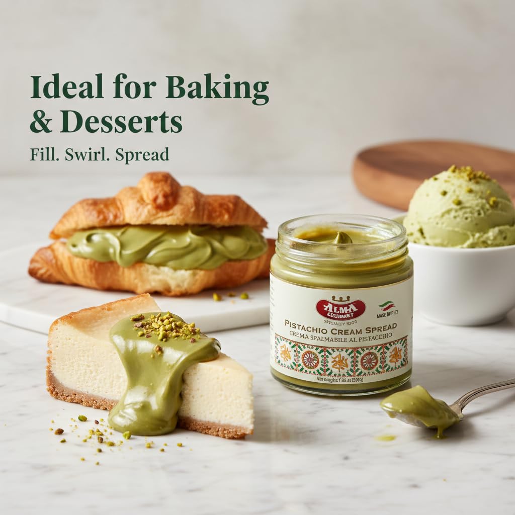 Alma Gourmet Sicilian Pistachio Cream Spread 7.05 oz (200g) - Sweet Pistachio Filling & Topping for Dubai Chocolate & Dessert Recipes, Gourmet Italian