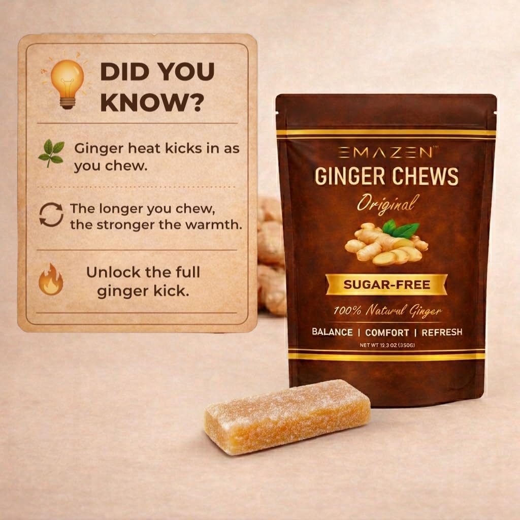 EMAZEN Ginger Chews Sugar Free Ginger Candy for Nausea & Motion Sickness Support Low Calorie, Healthy Snacks Natural Candy 50 Count, 12.3 OZ